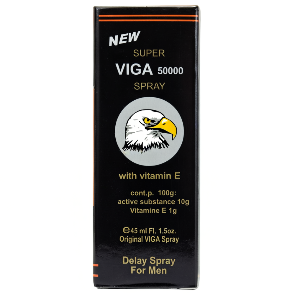 Super Viga 50000 delay spray box with eagle logo, Vitamin E numbing spray for men to delay ejaculation and last longer