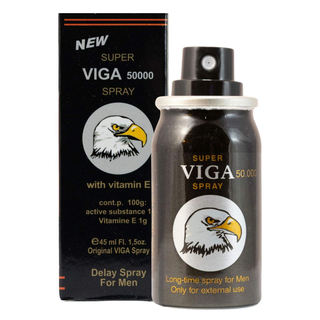 Super Viga 50000 delay spray black can with open nozzle and black retail box featuring eagle logo and Vitamin E label