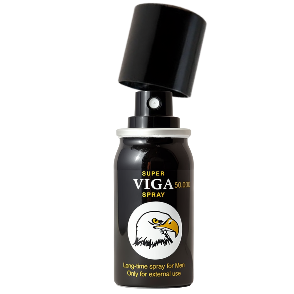 Super Viga 50000 delay spray can with cap lifted, black bottle featuring eagle logo