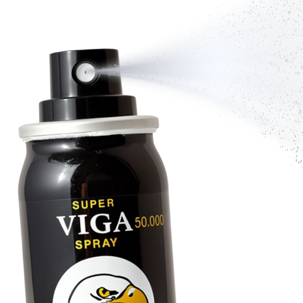 Super Viga 50000 delay spray can spraying mist, black bottle with eagle logo.