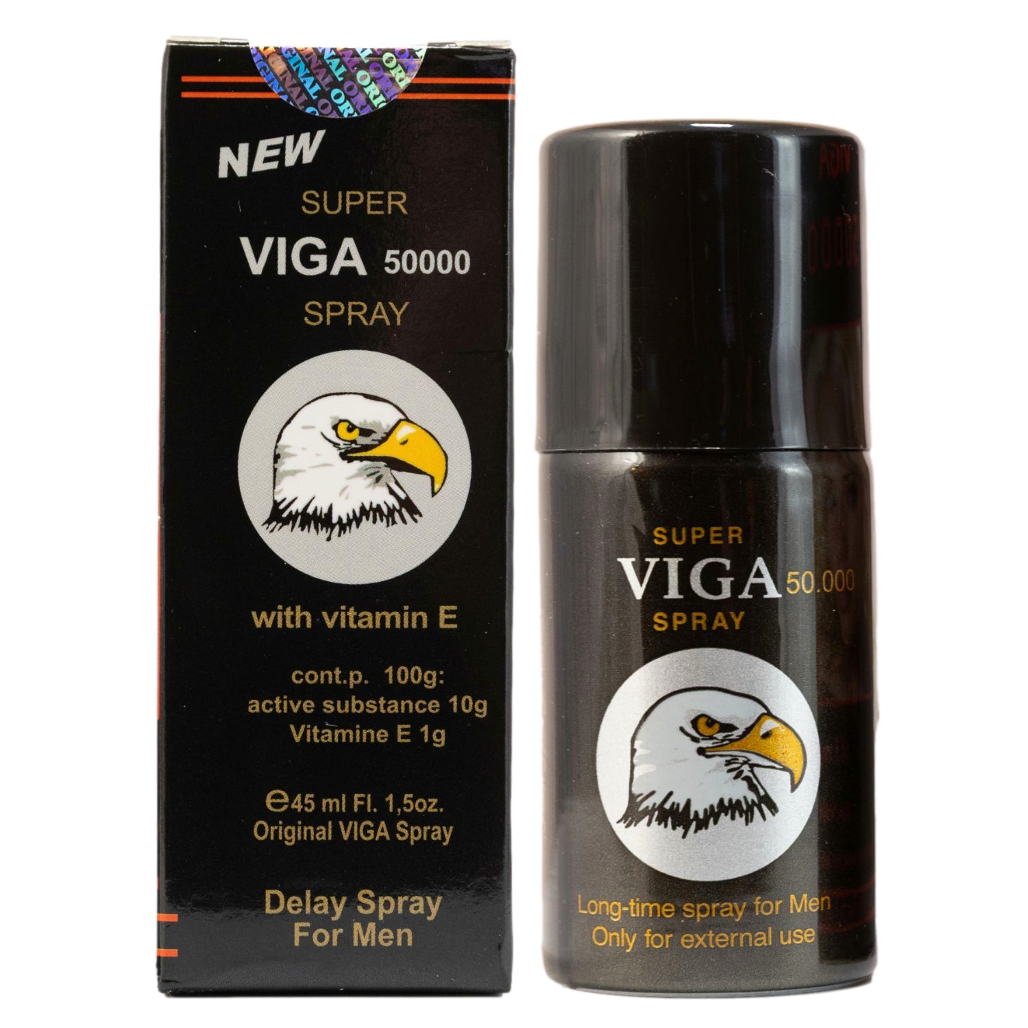 Super Viga 50000 Delay Spray for Men with Vitamin E, black box and matching spray bottle with eagle logo