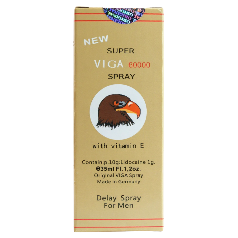 Super Viga 60000 delay spray box with eagle logo, gold packaging with vitamin E, lidocaine spray for men.