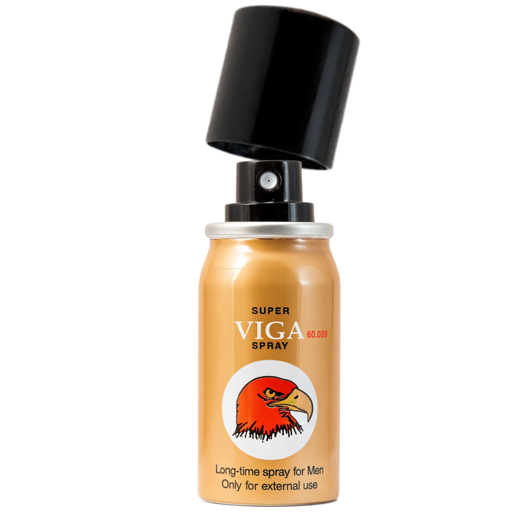 Super Viga 60000 delay spray can with cap lifted, gold bottle featuring red eagle logo, long-time spray for men