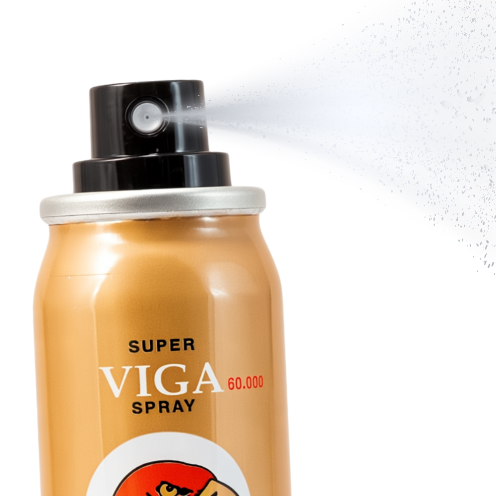 Super Viga 60000 delay spray can spraying mist, gold bottle with red eagle logo, lidocaine spray for men.