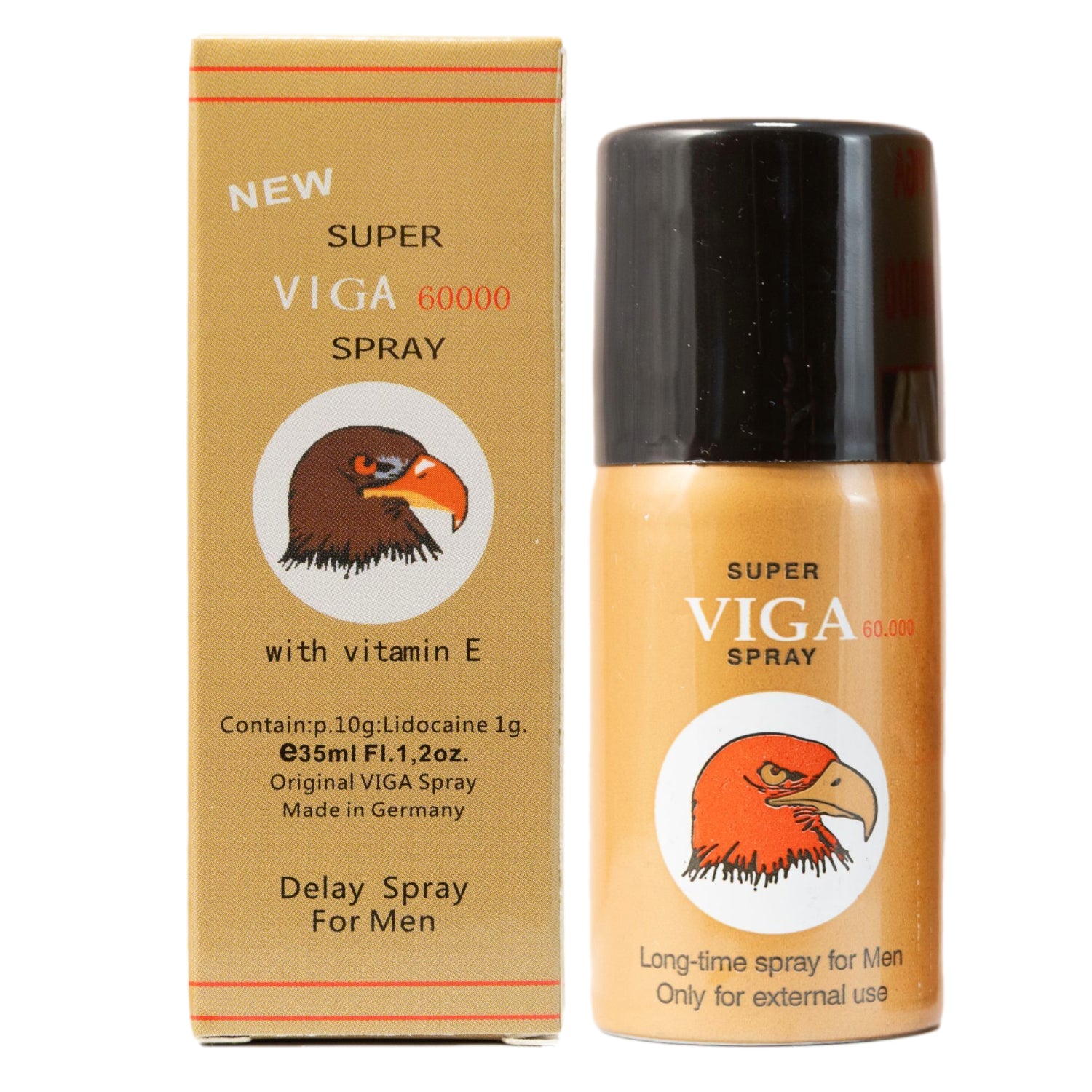 Bottle and box of Super Viga 60000 Delay Spray for Men with Vitamin E, lidocaine, made in Germany, eagle logo