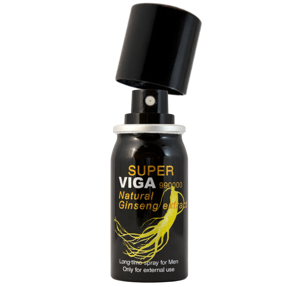 Super Viga 990000 Delay Spray black bottle with ginseng extract graphic, desensitizing spray with vitamin E for men