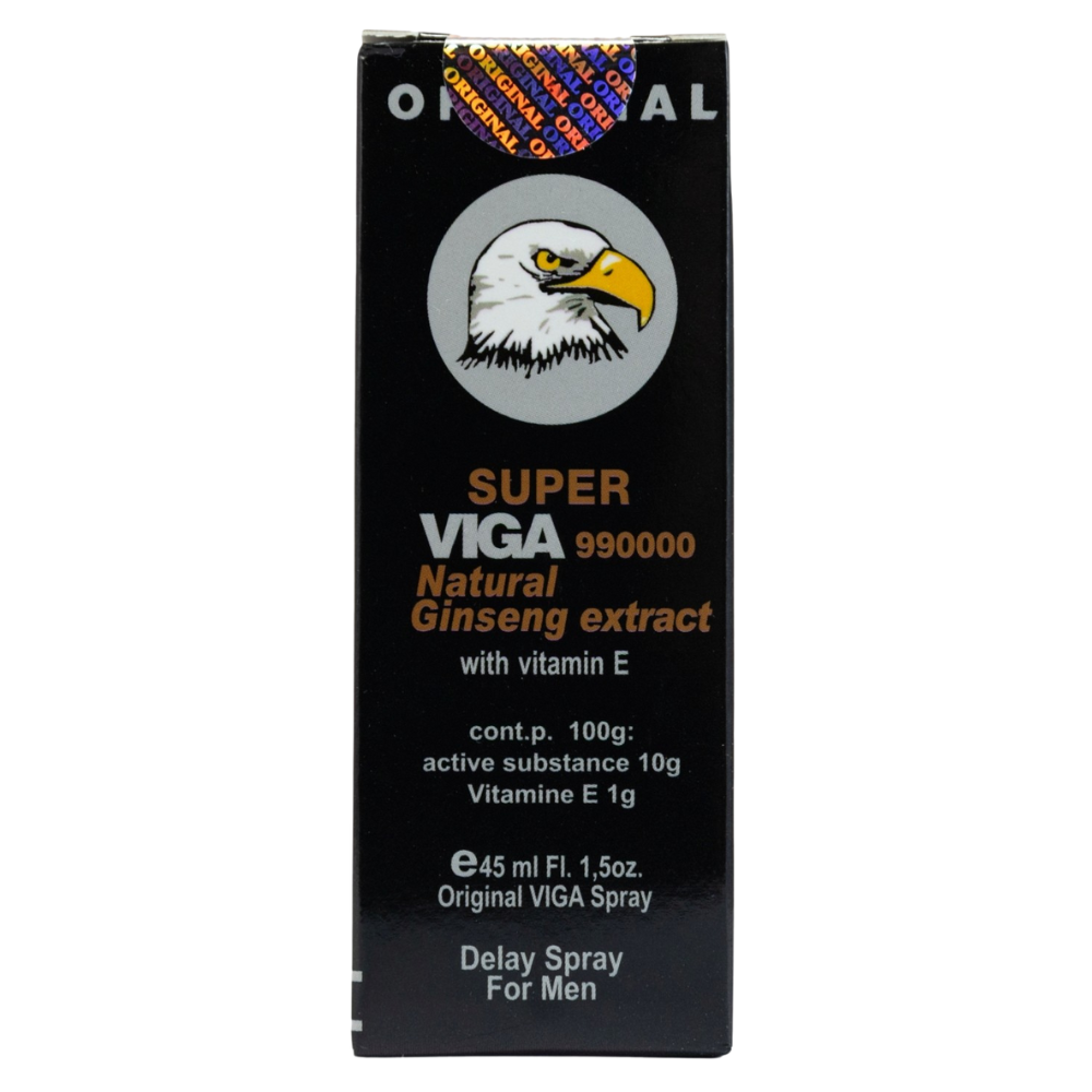 Super Viga 990000 Delay Spray packaging, black box with eagle logo, natural ginseng extract and vitamin E, desensitizing spray for men