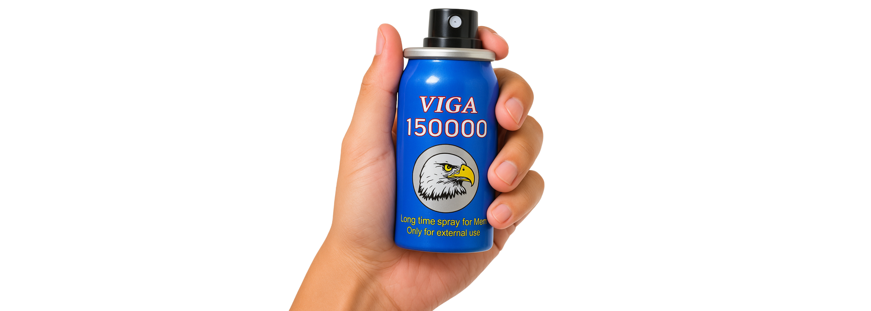 Hand holding Super Viga 150000 delay spray in blue can with eagle logo against white background