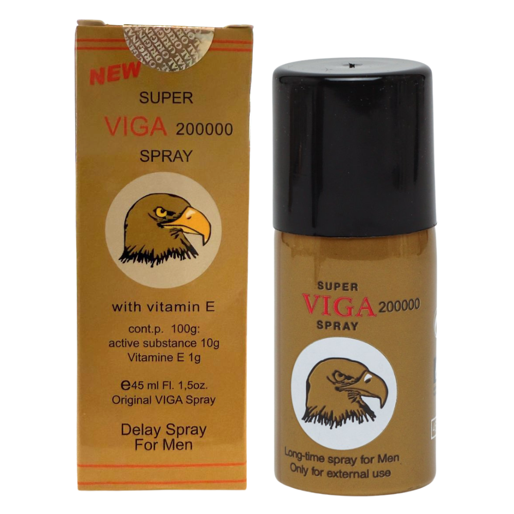 Super Viga 200000 delay spray with Vitamin E, showing brown bottle and retail box with eagle logo on white background