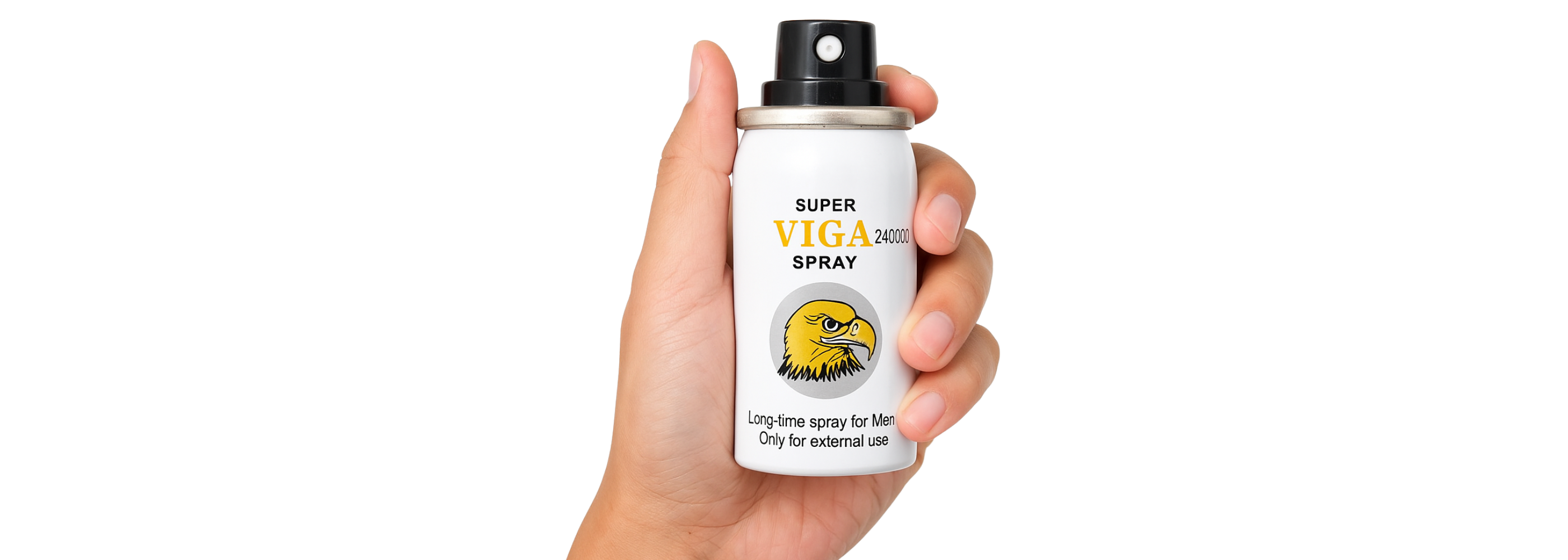 Hand holding Super Viga 240000 delay spray in white can with eagle logo, shown on white background.