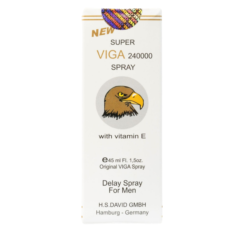 Super Viga 240000 delay spray with Vitamin E for men in retail box featuring eagle logo on white background