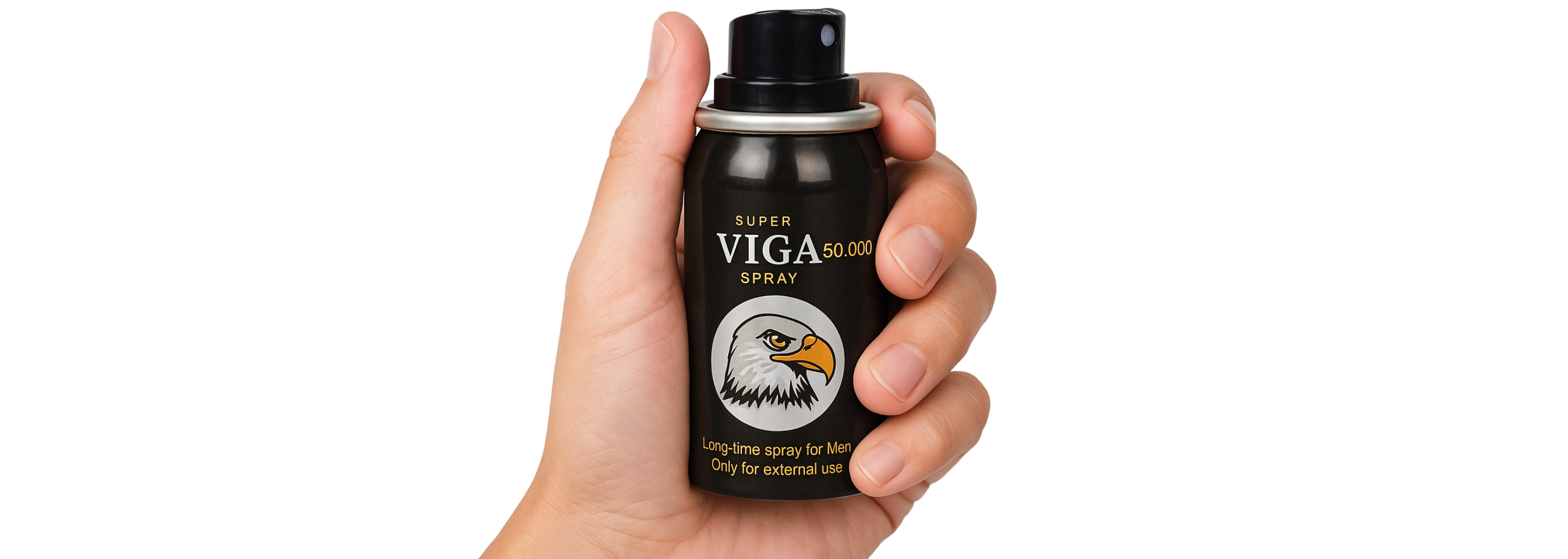 Hand holding Super Viga 50000 delay spray for men in black can with eagle logo on white background.