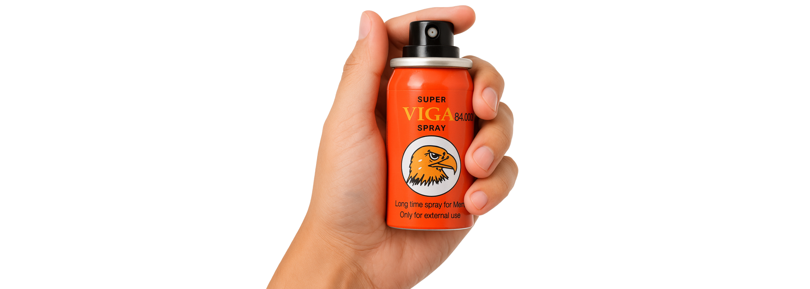 Hand holding Super Viga 84000 delay spray can against white background, showcasing product design.