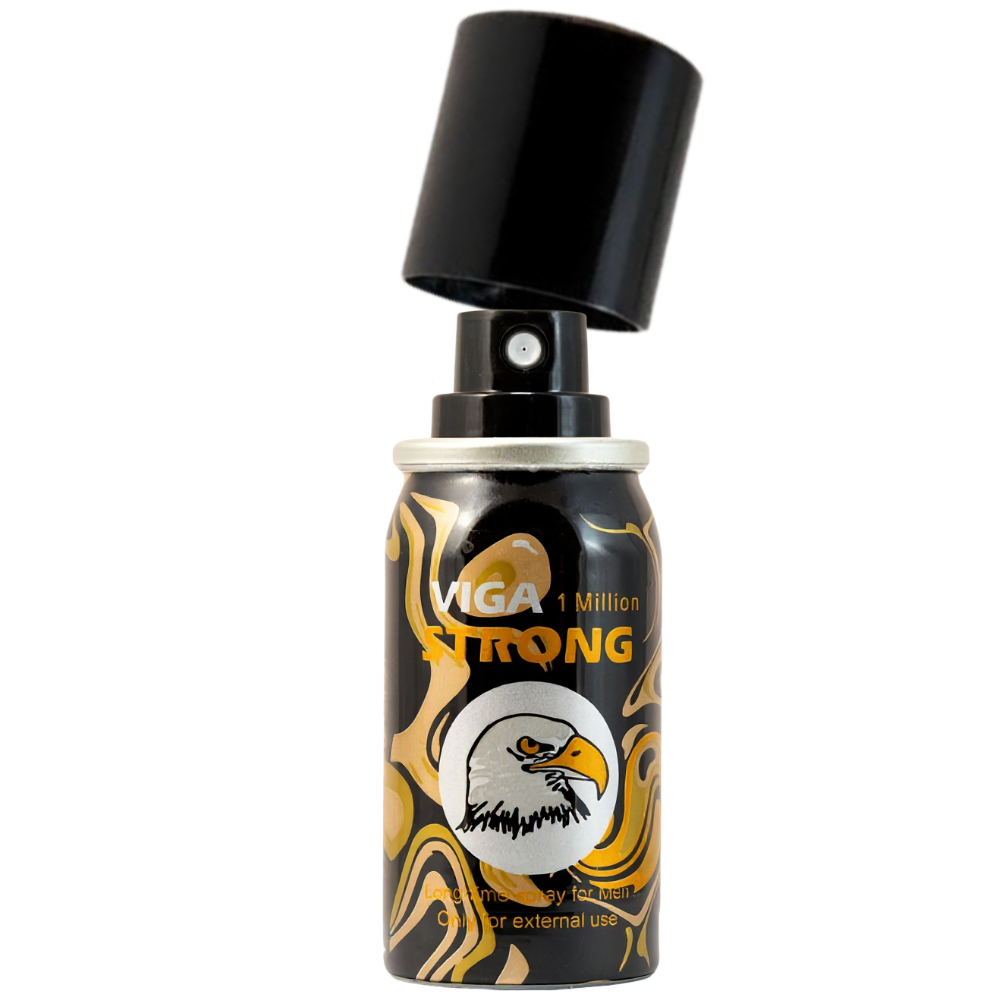 Viga 1 Million Strong delay spray can with black and gold design, male desensitizing spray for external use.