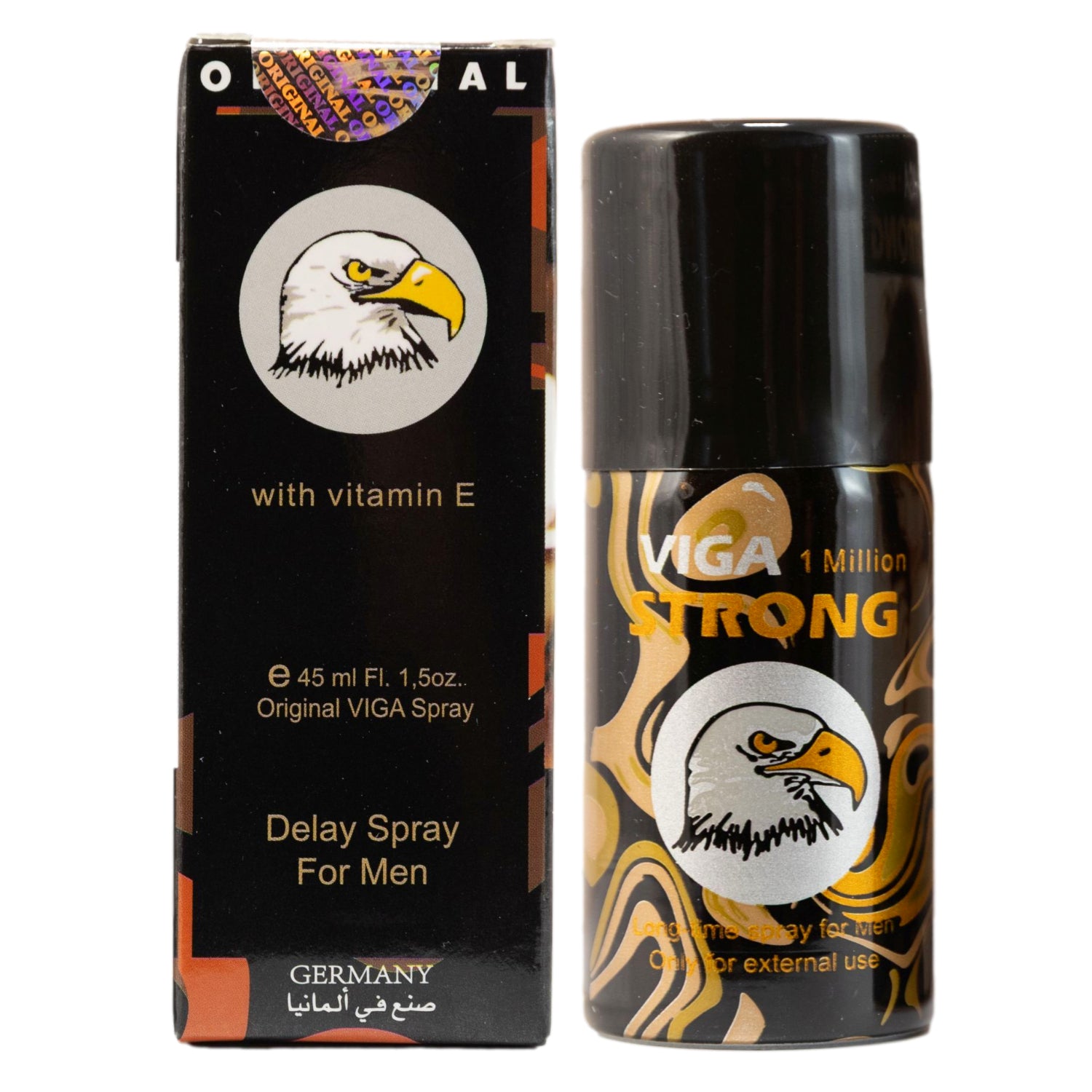 Viga 1 Million Strong delay spray for men with eagle logo and box, 45ml with vitamin E, made in Germany