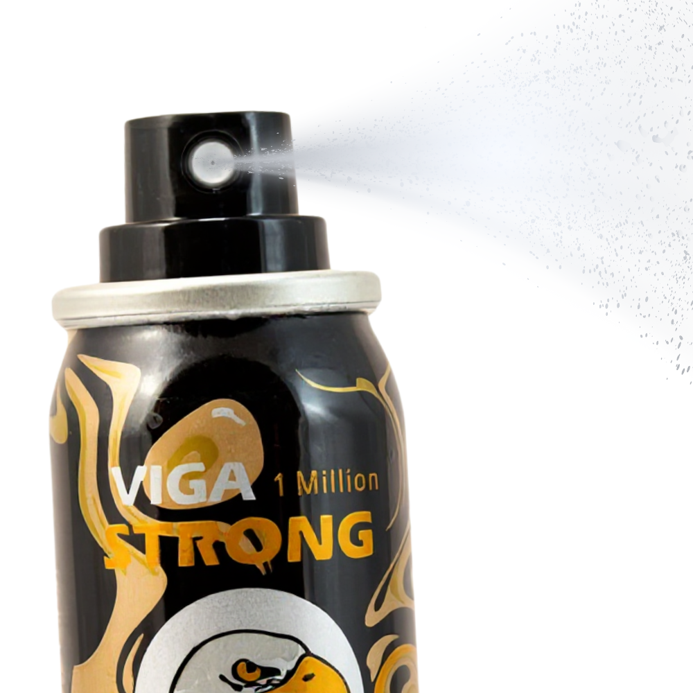 Viga 1 Million Strong delay spray can spraying mist, black and gold design with eagle logo.
