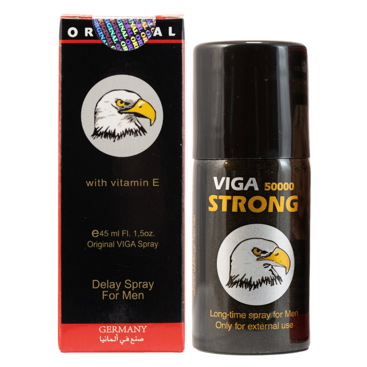 Viga 50000 Strong Delay Spray for men with Vitamin E, long-lasting performance spray made in Germany, black bottle with eagle logo