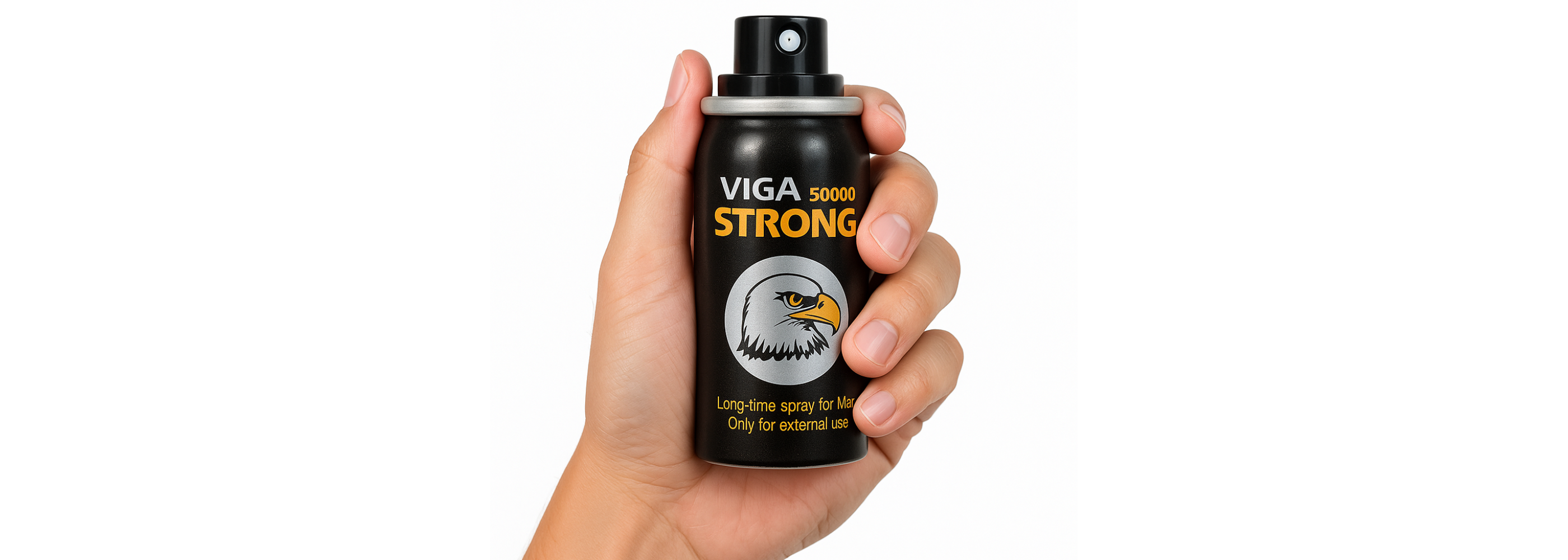 Hand holding Viga 50000 Strong delay spray in black can with eagle logo on white background.