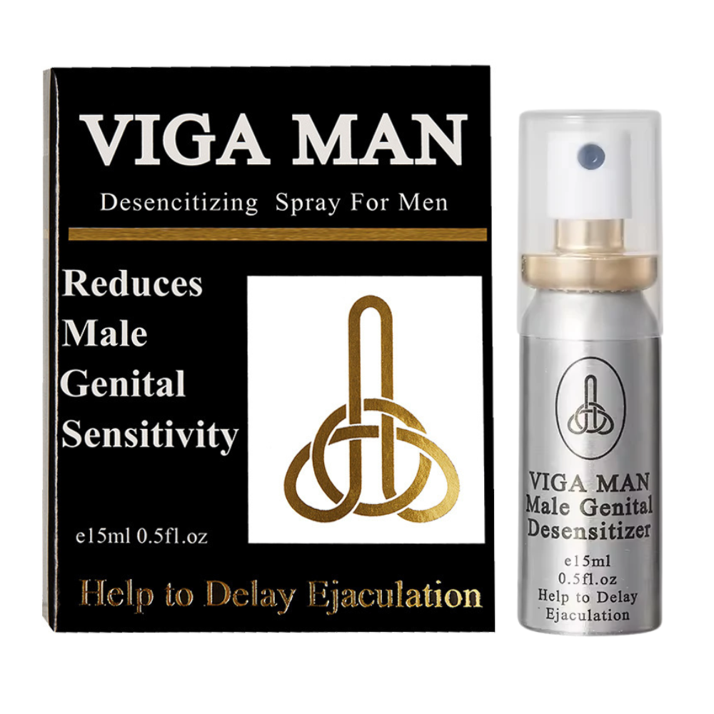 Viga Man delay spray 15ml bottle and box angled view, numbing spray for men to delay ejaculation