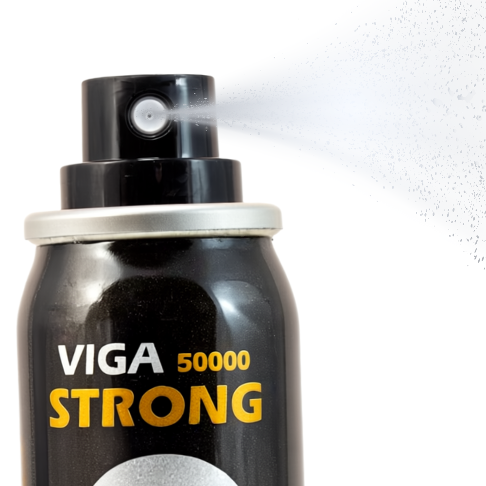 Viga Strong 50000 Delay Spray black bottle spraying mist, close-up view with bold gold and silver text on can
