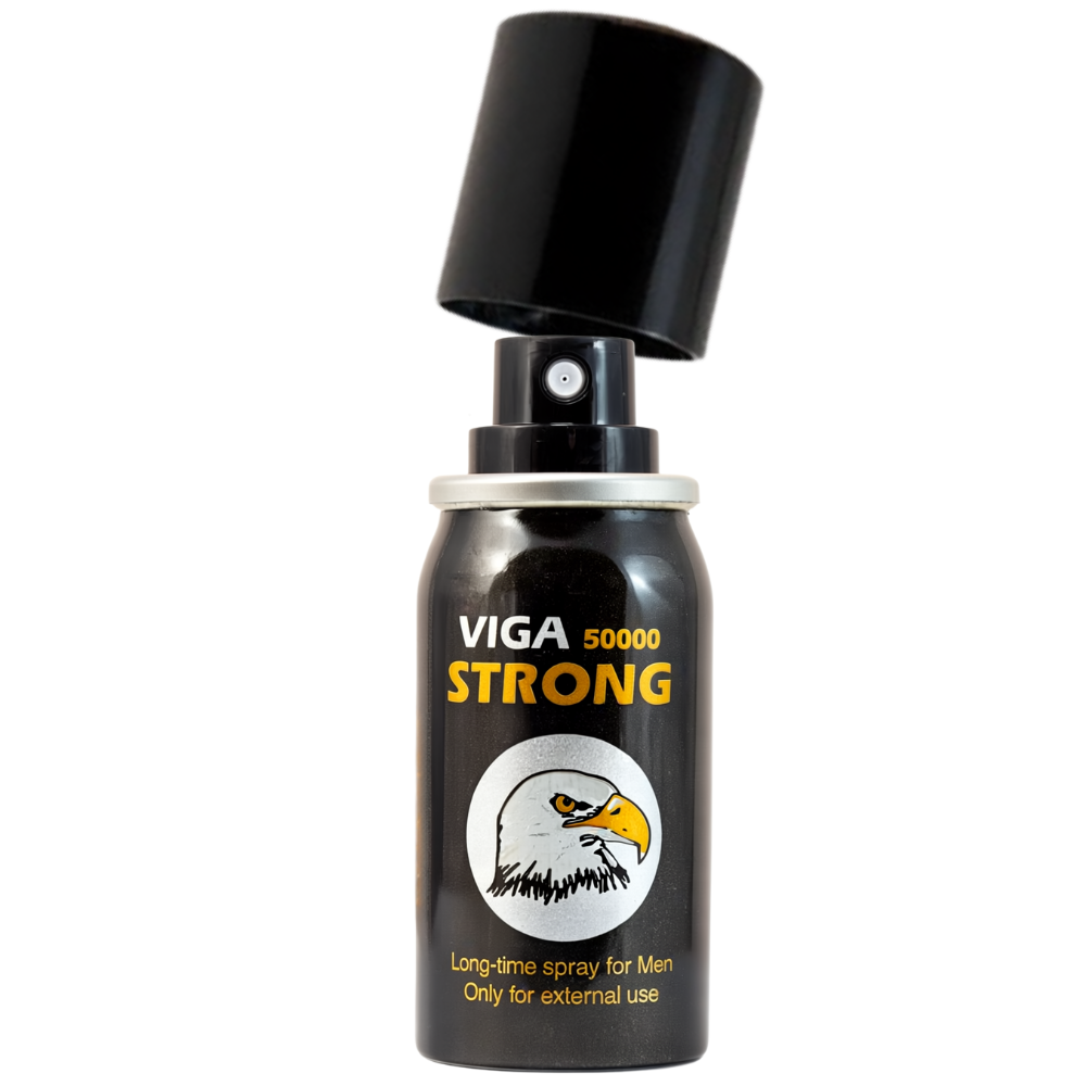 Viga Strong 50000 Delay Spray black bottle with eagle logo, cap open, bold gold and silver text on front