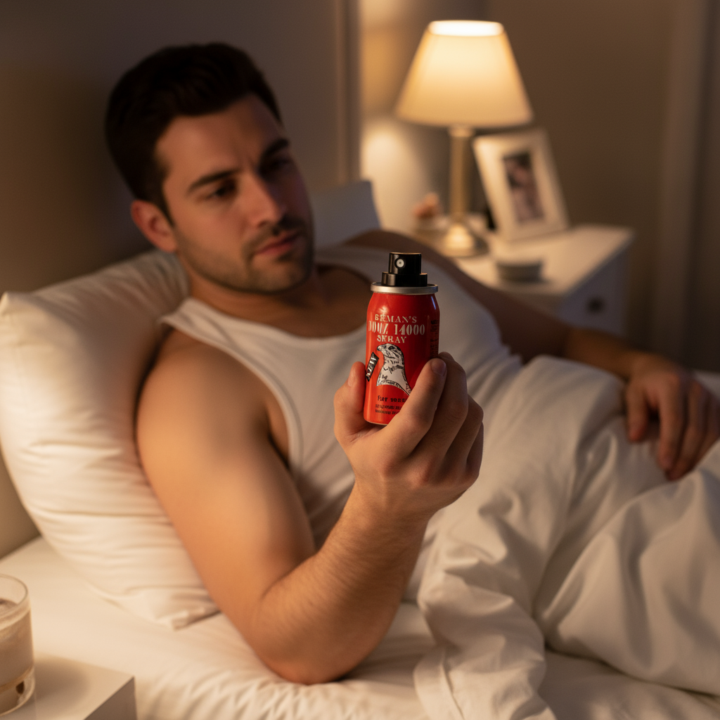 man laying in bed with remans dooz 14000 delay spray