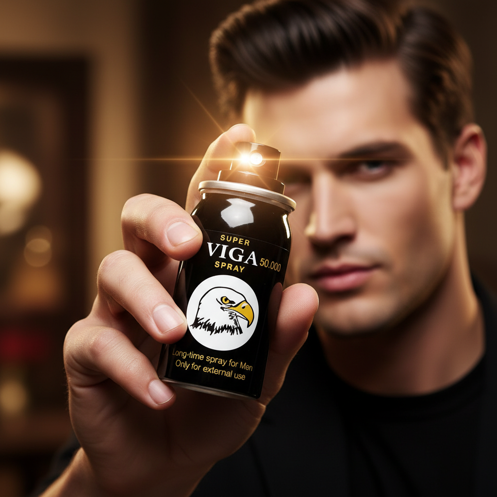 Man holding Super VIGA 50000 delay spray designed to help men last longer in bed