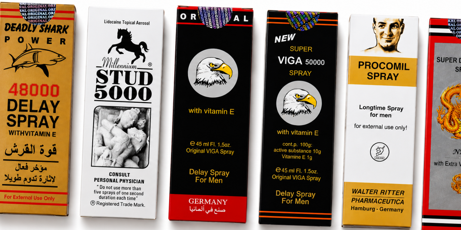 Best selling delay sprays including Super VIGA, STUD 5000, Dragon and Maxman sprays
