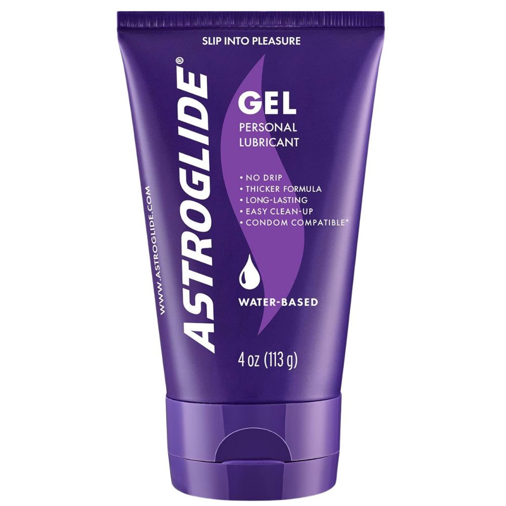 Astroglide Gel water-based personal lubricant in a purple tube on a white background