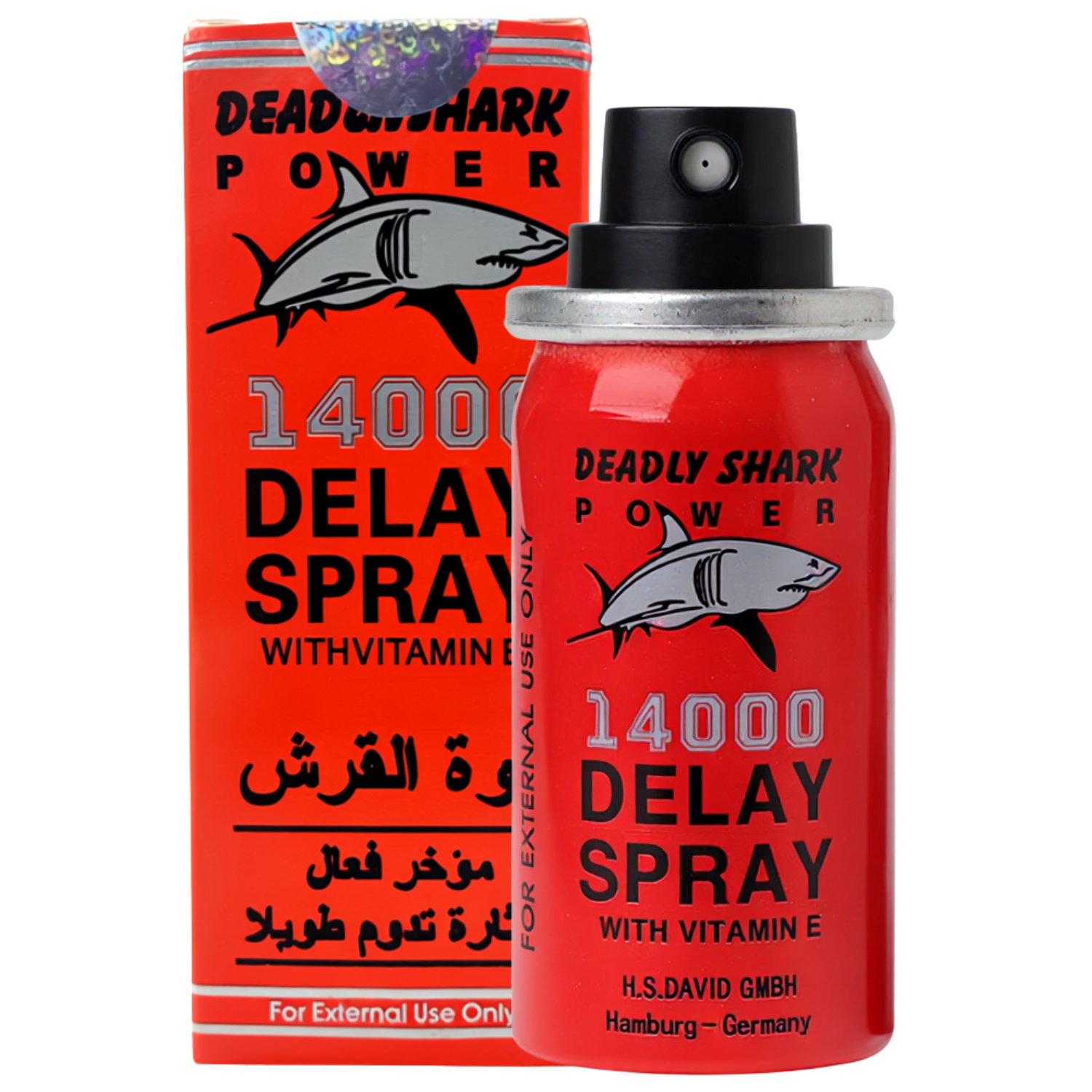Deadly Shark Power 14000 delay spray bottle and box, numbing spray for men to delay ejaculation and last longer