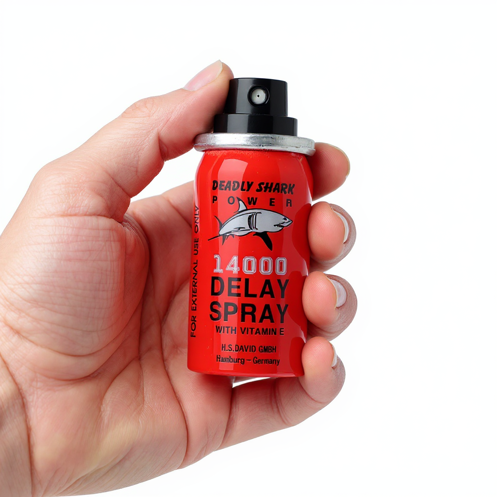 Hand holding Deadly Shark Power 14000 delay spray, numbing spray for men to delay ejaculation and improve stamina