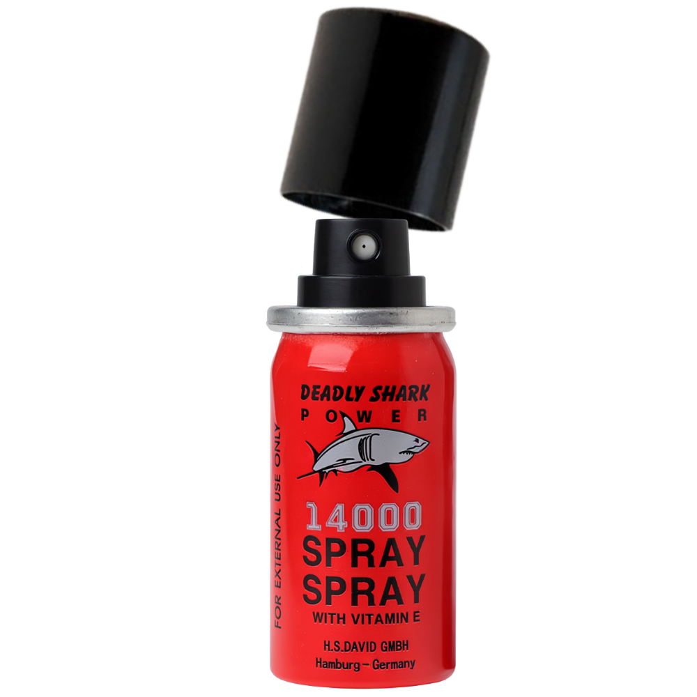 Deadly Shark Power 14000 delay spray bottle with cap open, red can with shark logo