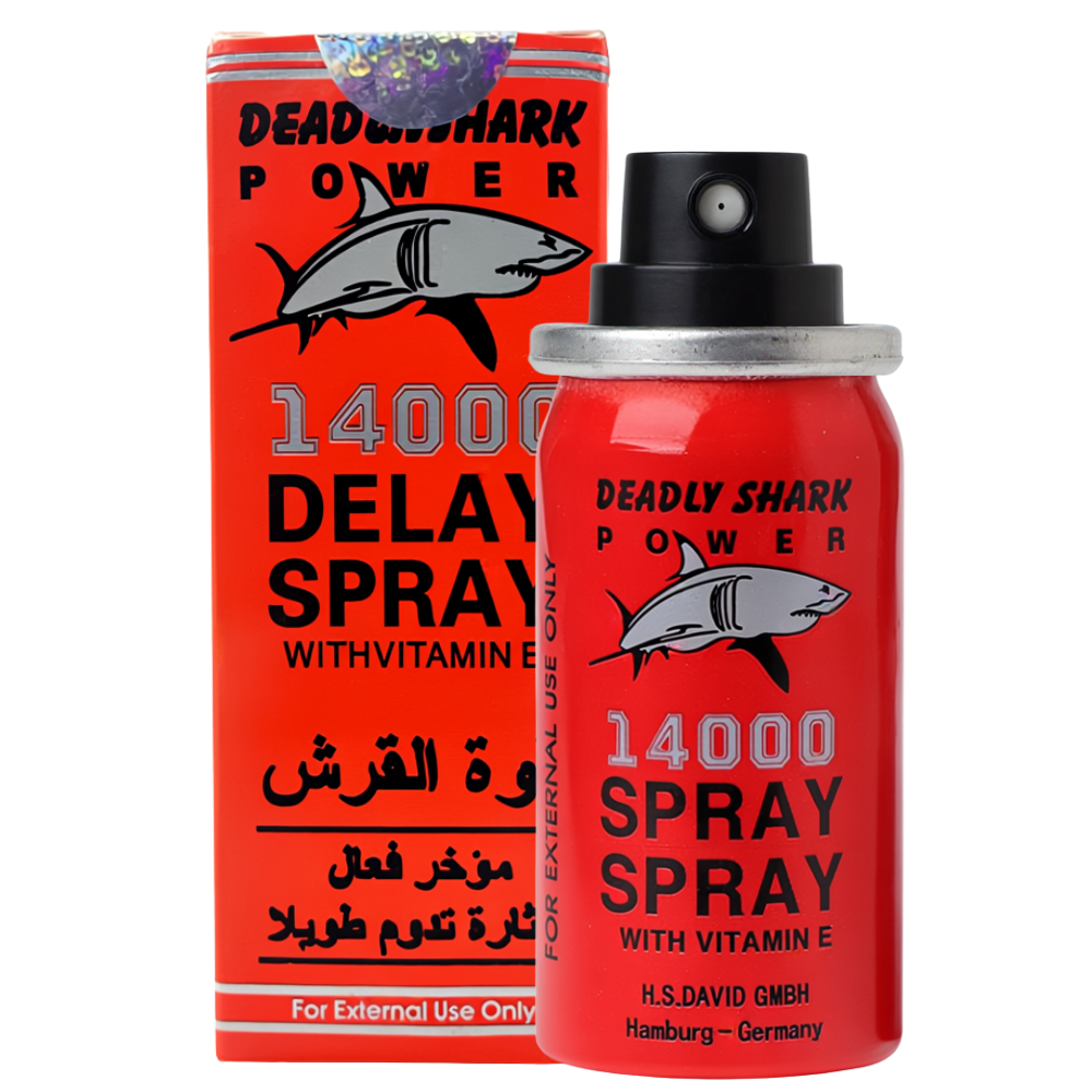 Deadly Shark Power 14000 delay spray with vitamin E, red box and matching spray can with shark logo