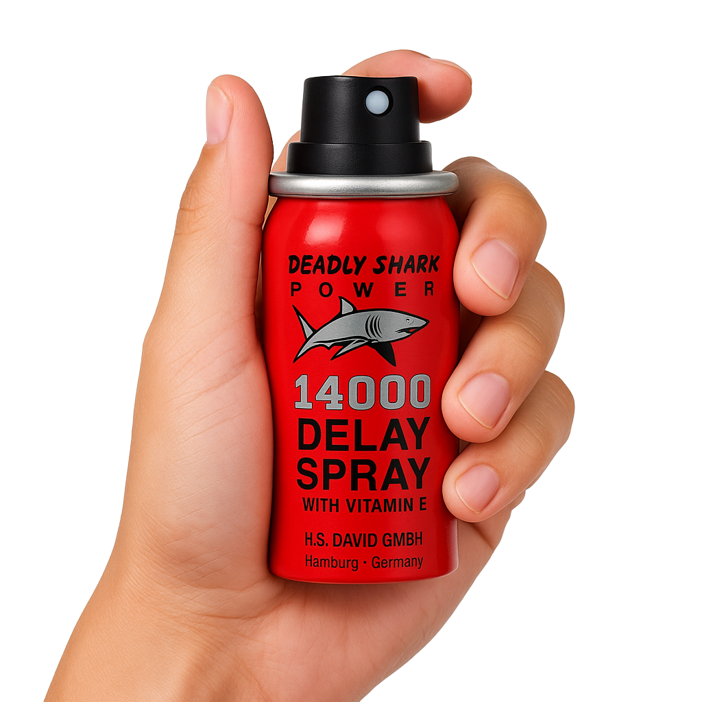 Deadly Shark 14000 delay spray for men in red can with shark logo, contains Vitamin E, made in Germany, handheld