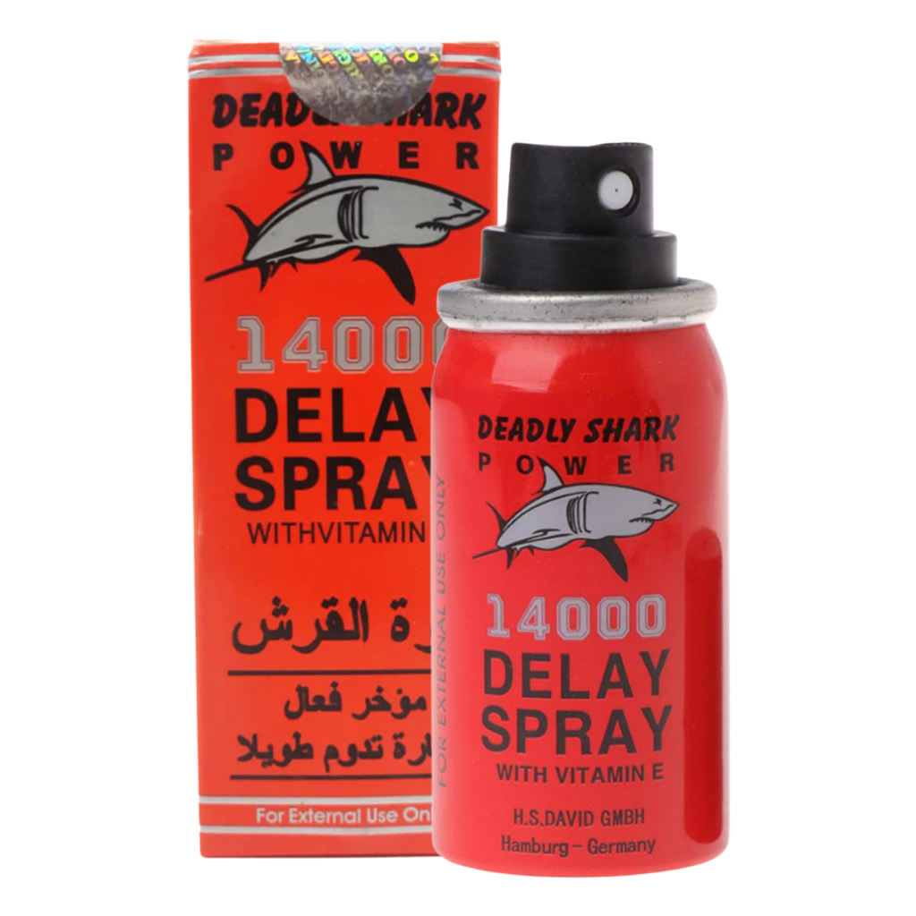 Deadly Shark Power 14000 delay spray can with open nozzle and red retail box featuring shark logo and vitamin e label