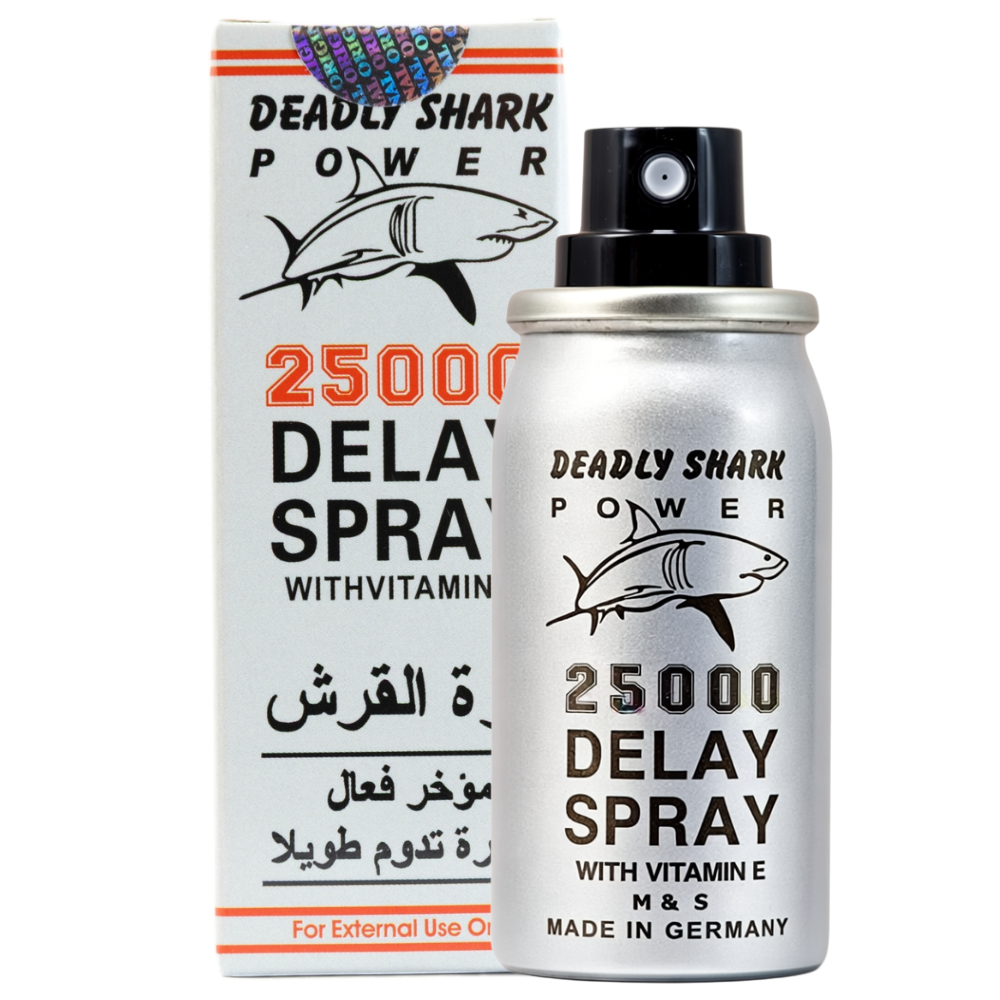 Deadly Shark Power 25000 delay spray bottle and box, numbing spray for men to delay ejaculation and last longer
