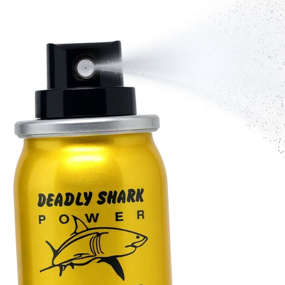 Deadly Shark Power 48000 Delay Spray bottle spraying mist, gold can with shark logo