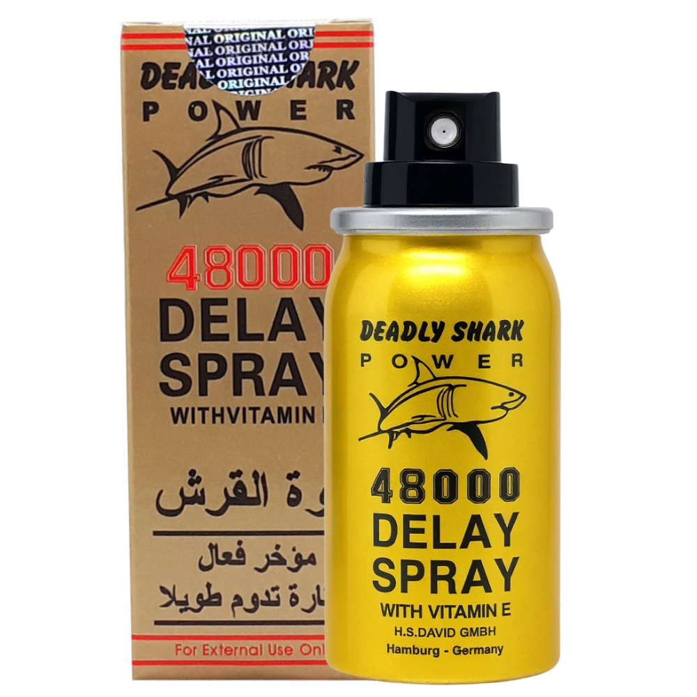 Deadly Shark Power 48000 Delay Spray with Vitamin E, gold can and box packaging from Germany