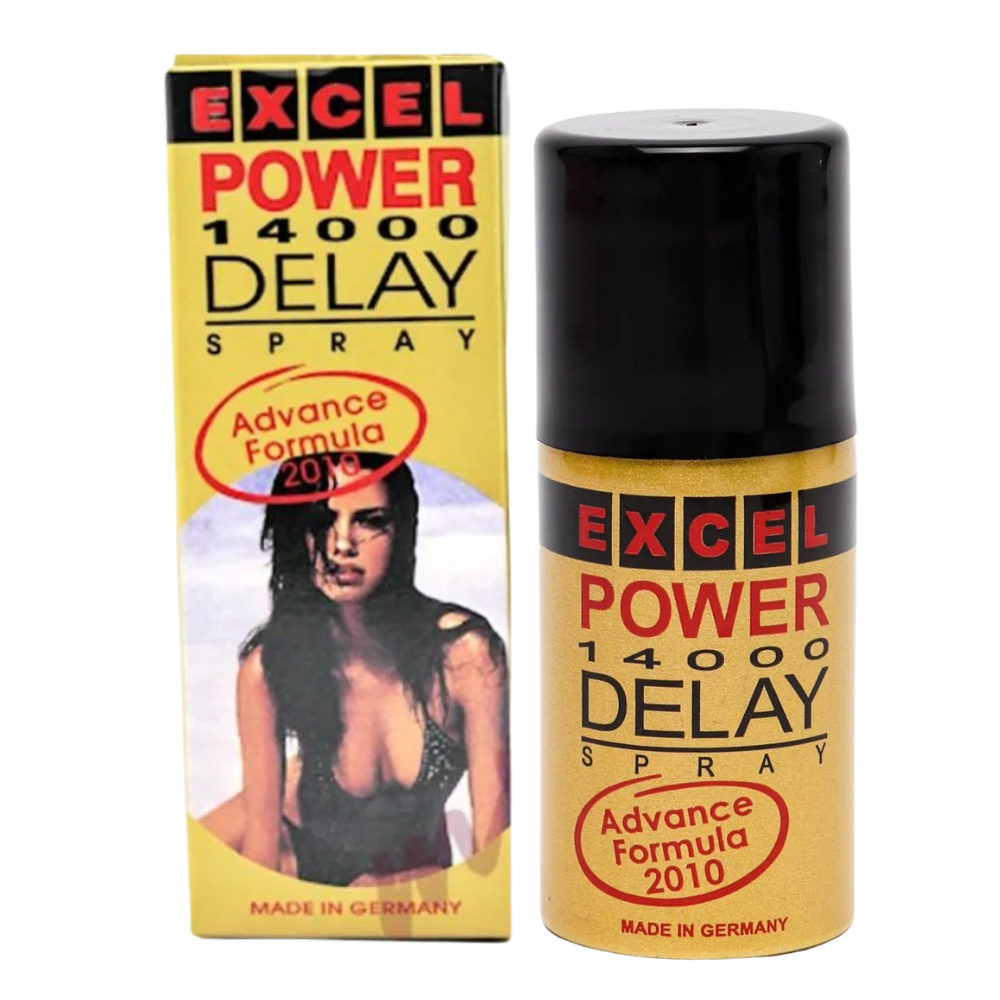 Excel Power 14000 delay spray bottle and box angled view, numbing spray for men to delay ejaculation and improve stamina