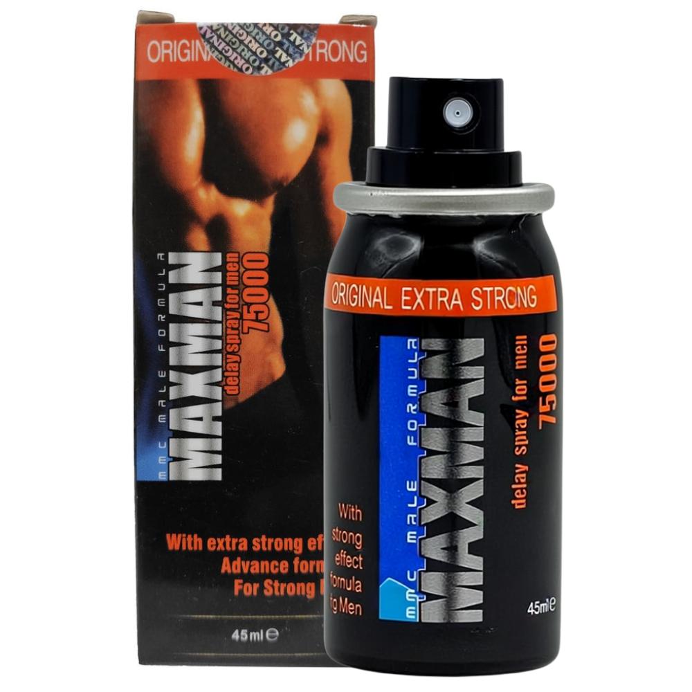 MaxMan 75000 delay spray bottle and box, numbing spray for men to delay ejaculation and last longer