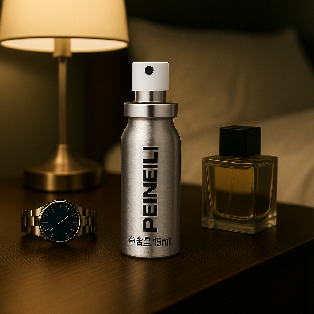 Peineili delay spray for men in 15ml silver bottle, designed for discreet use to help improve performance and stamina