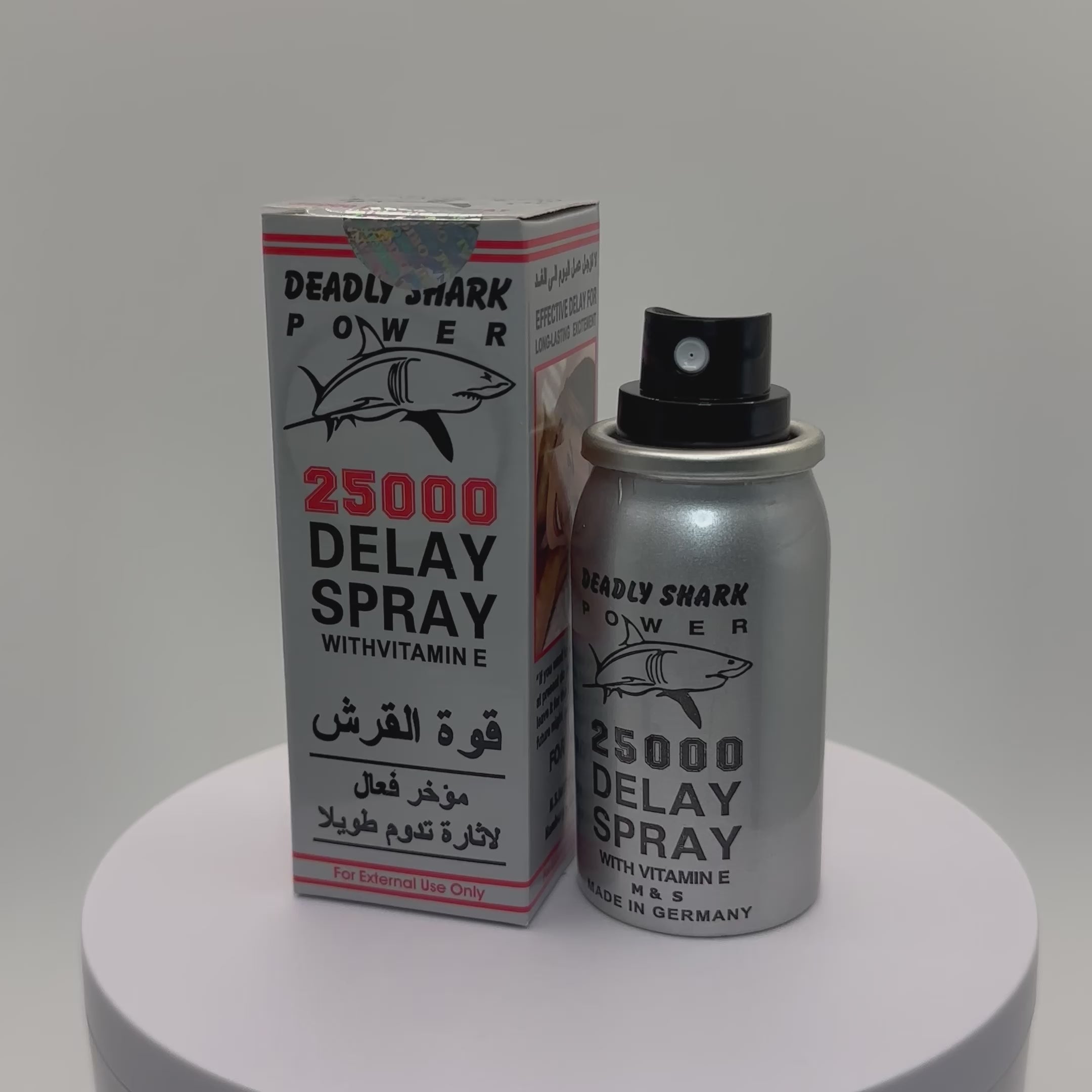 Load video: deadly shark power 25000 delay spray with vitamin e for men 45ml video