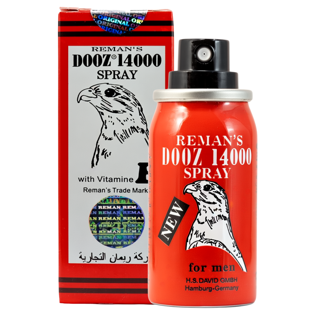 Reman’s Dooz 14000 delay spray bottle and box, numbing spray for men to delay ejaculation and last longer