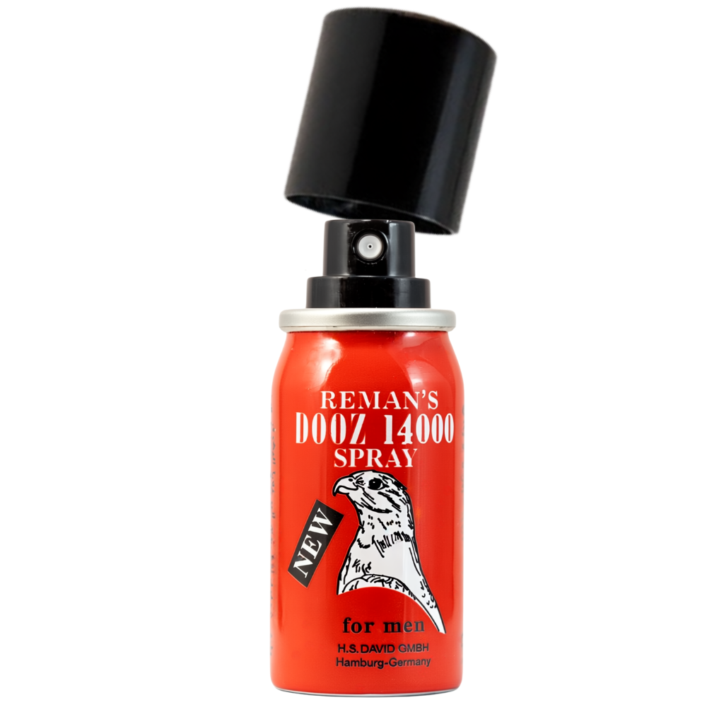 Reman’s Dooz 14000 delay spray bottle with cap lifted, numbing spray for men to delay ejaculation and last longer