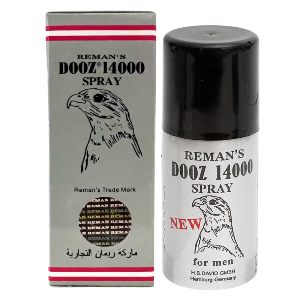 Reman's DOOZ 14000 delay spray bottle and box with hawk logo, new label, and Arabic text