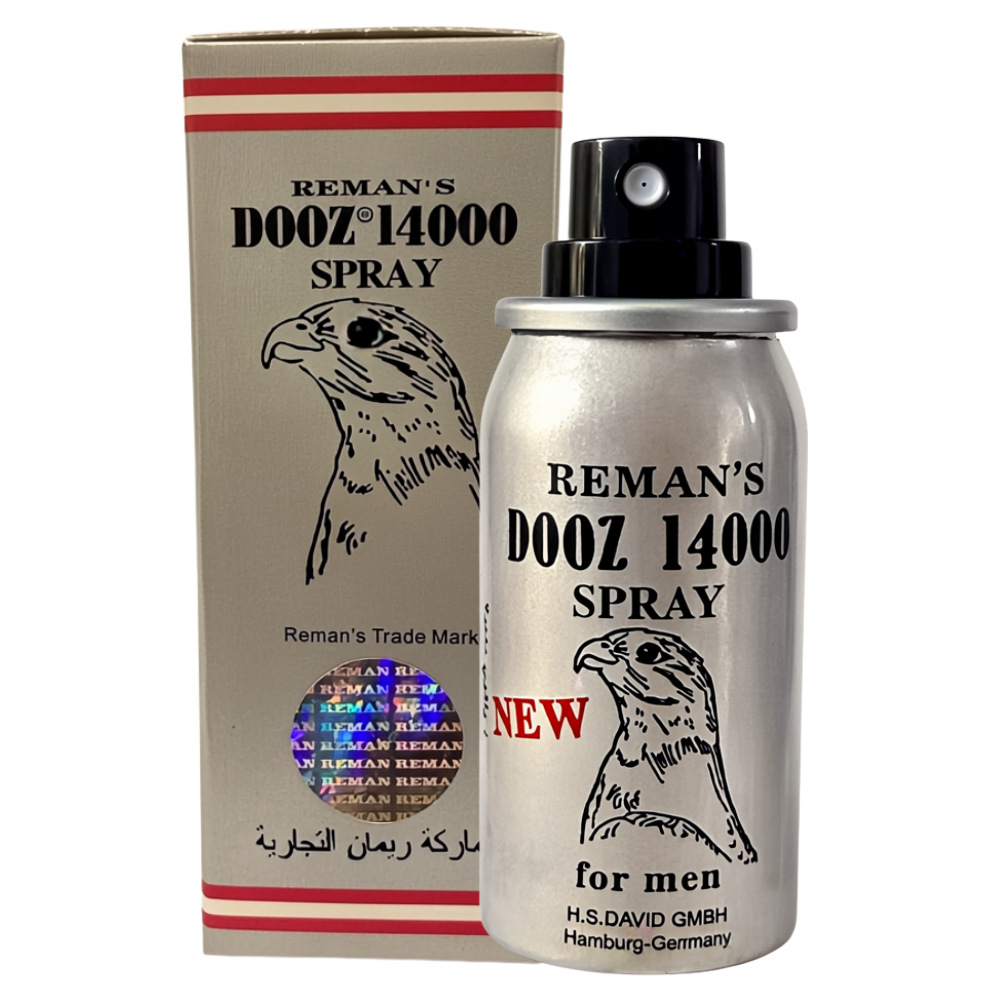 Reman’s Dooz 14000 delay spray for men with box and silver bottle