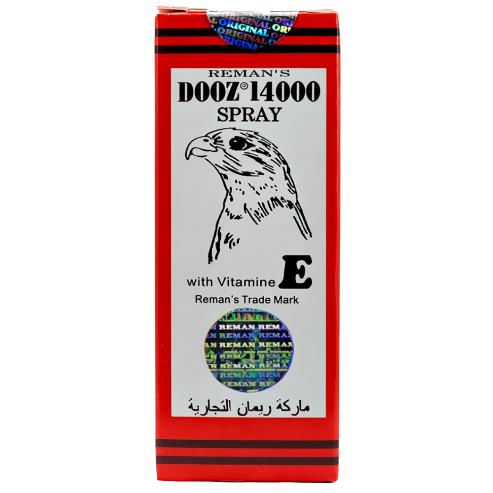 Reman’s Dooz 14000 Spray box with falcon logo and Vitamin E, male delay spray packaging from Germany