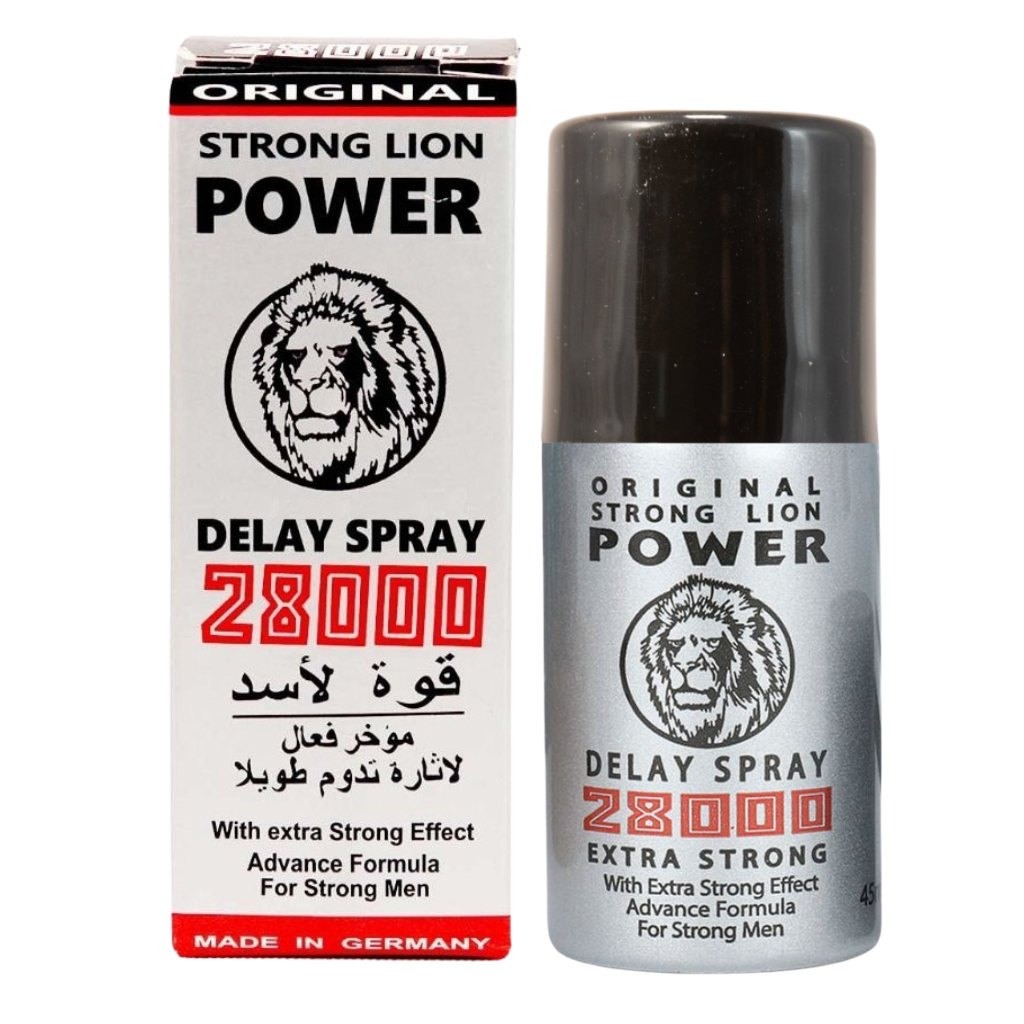Strong Lion Power 28000 bottle and box, numbing spray for men to delay ejaculation and increase stamina