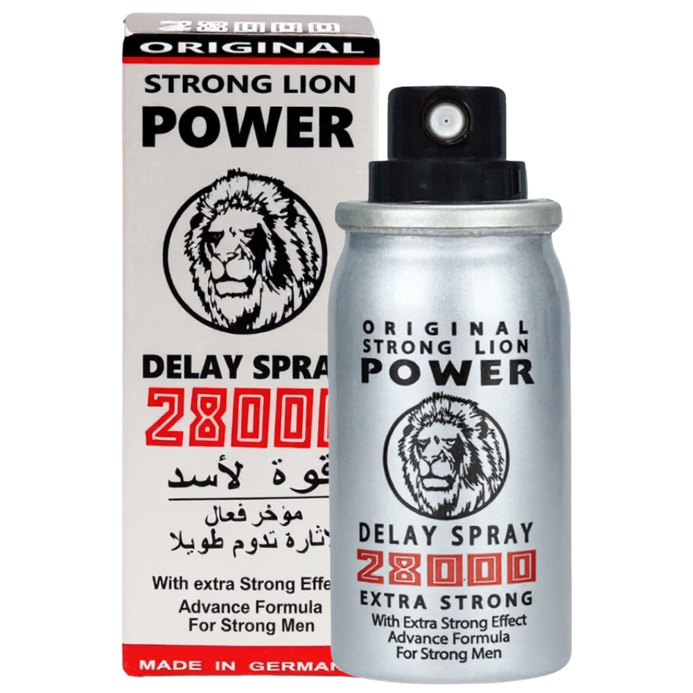 Strong Lion Power 28000 Delay Spray with box and silver bottle, extra strong formula for men, black lion logo