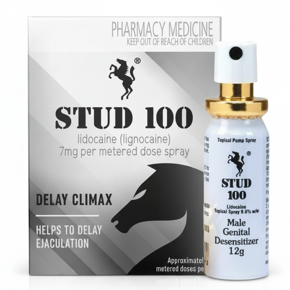 Stud 100 desensitizing spray for men 12g bottle and box, numbing spray to delay ejaculation and last longer
